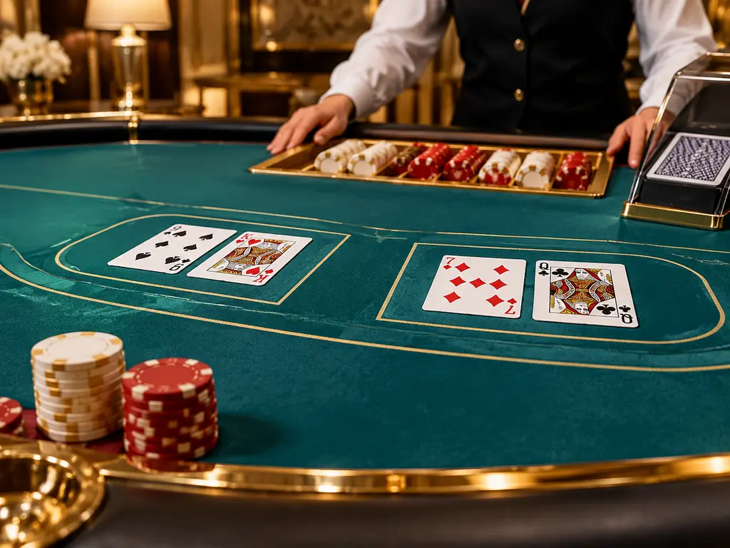 Meja baccarat dengan kartu, sepatu kartu dan chip