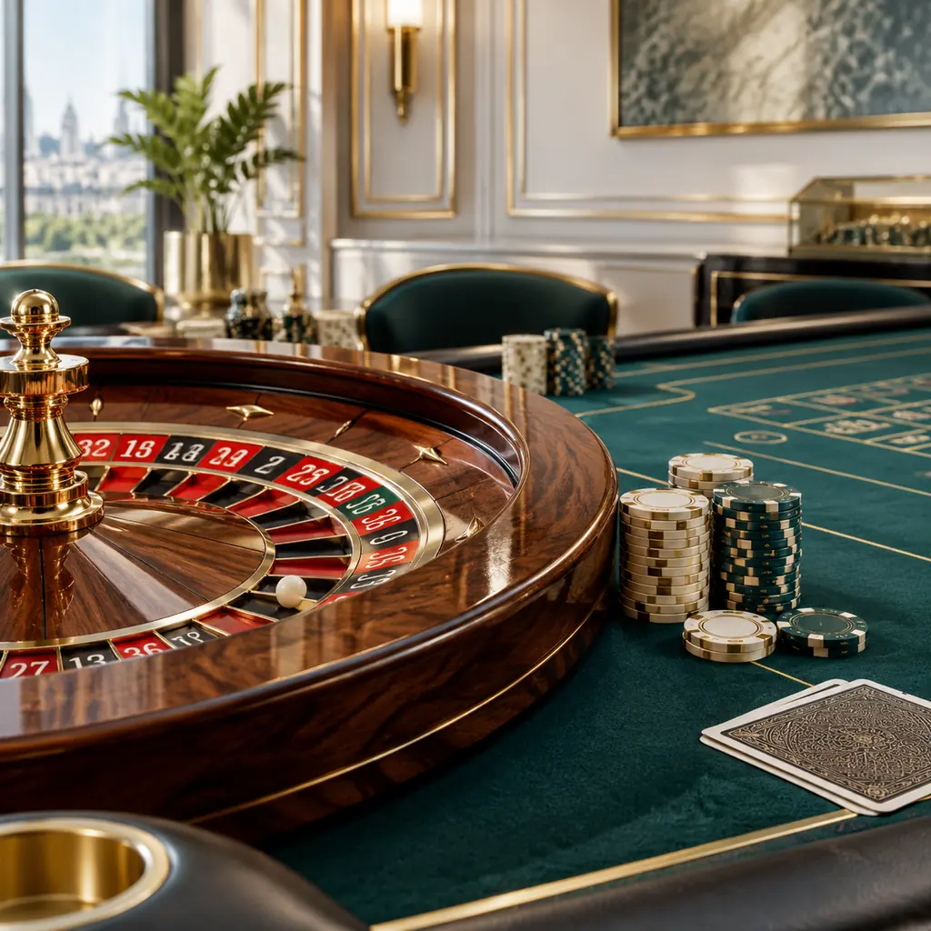 Meja kasino dengan roda roulette, kartu dan susunan chip yang tertata