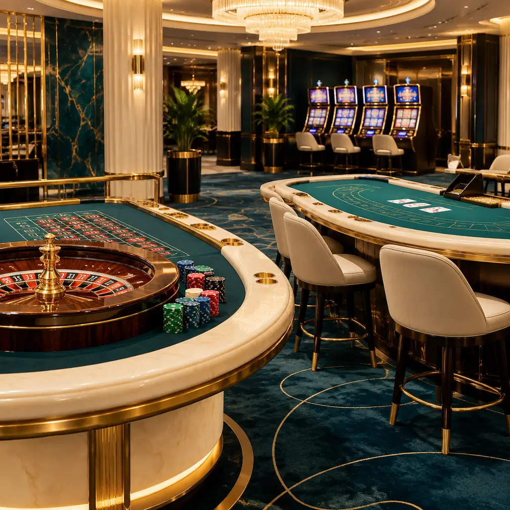 Meja roulette dan baccarat di ruang kasino dengan aksen porselen dan kuningan