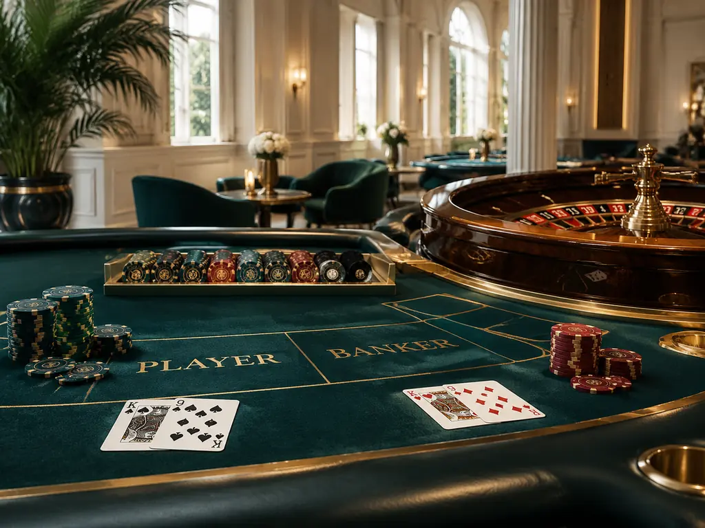 Ruang kasino dengan meja roulette dan baccarat berwarna hijau tua serta aksen kuningan