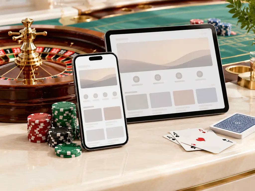 Ponsel dan tablet di samping roda roulette dan kartu kasino
