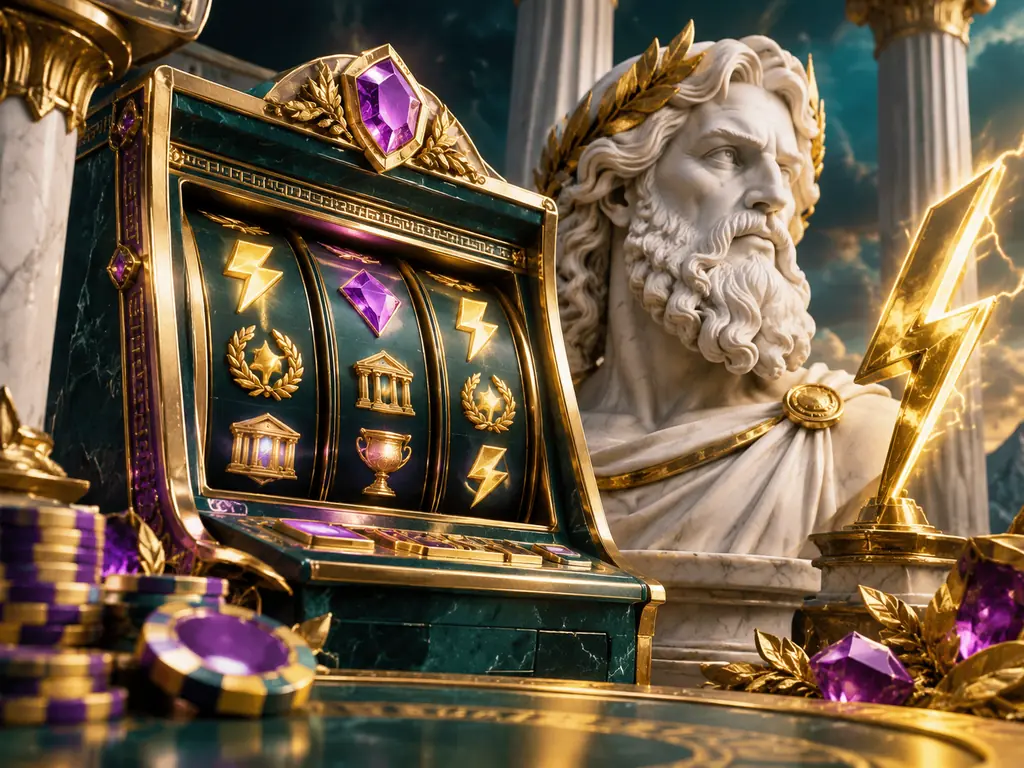 Mesin slot bertema mitologi dengan patung Zeus dan ornamen petir