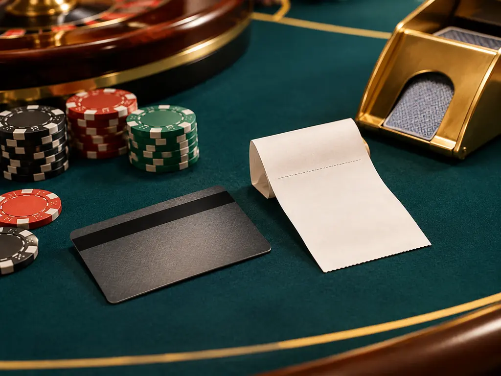 Catatan transaksi tanpa data pribadi di samping chip dan kartu kasino