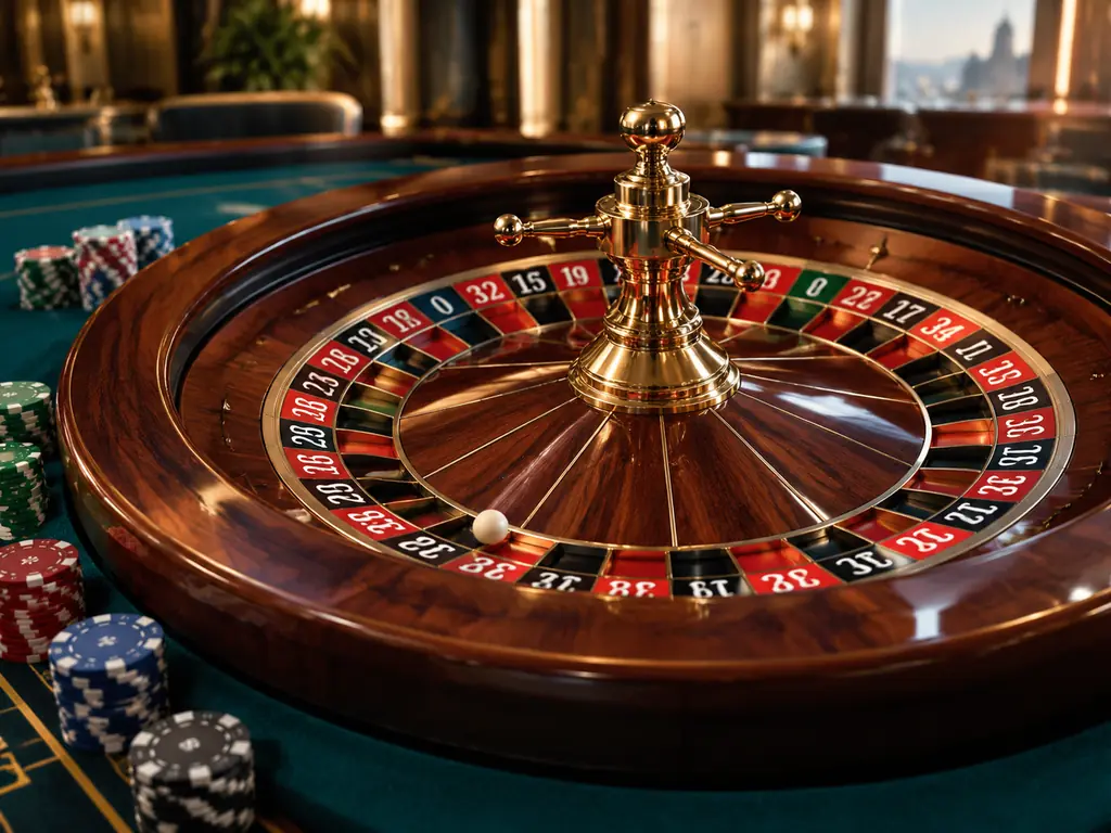 Roda roulette satu nol dengan bola dan chip di meja kasino