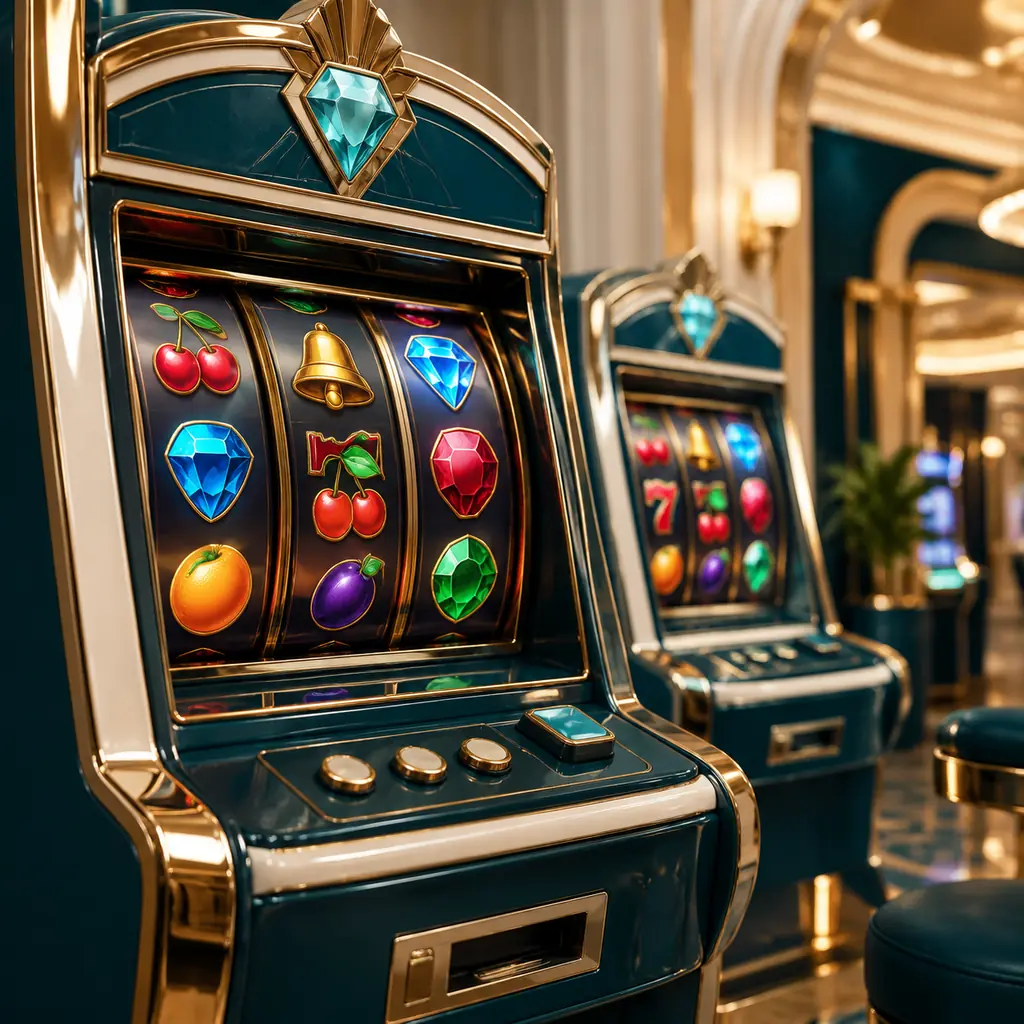Deretan mesin slot di ruang kasino dengan pencahayaan hangat