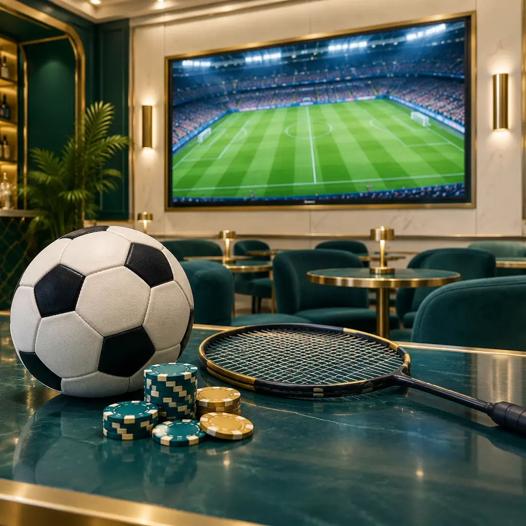 Layar pertandingan sepak bola dan raket bulu tangkis di area olahraga kasino