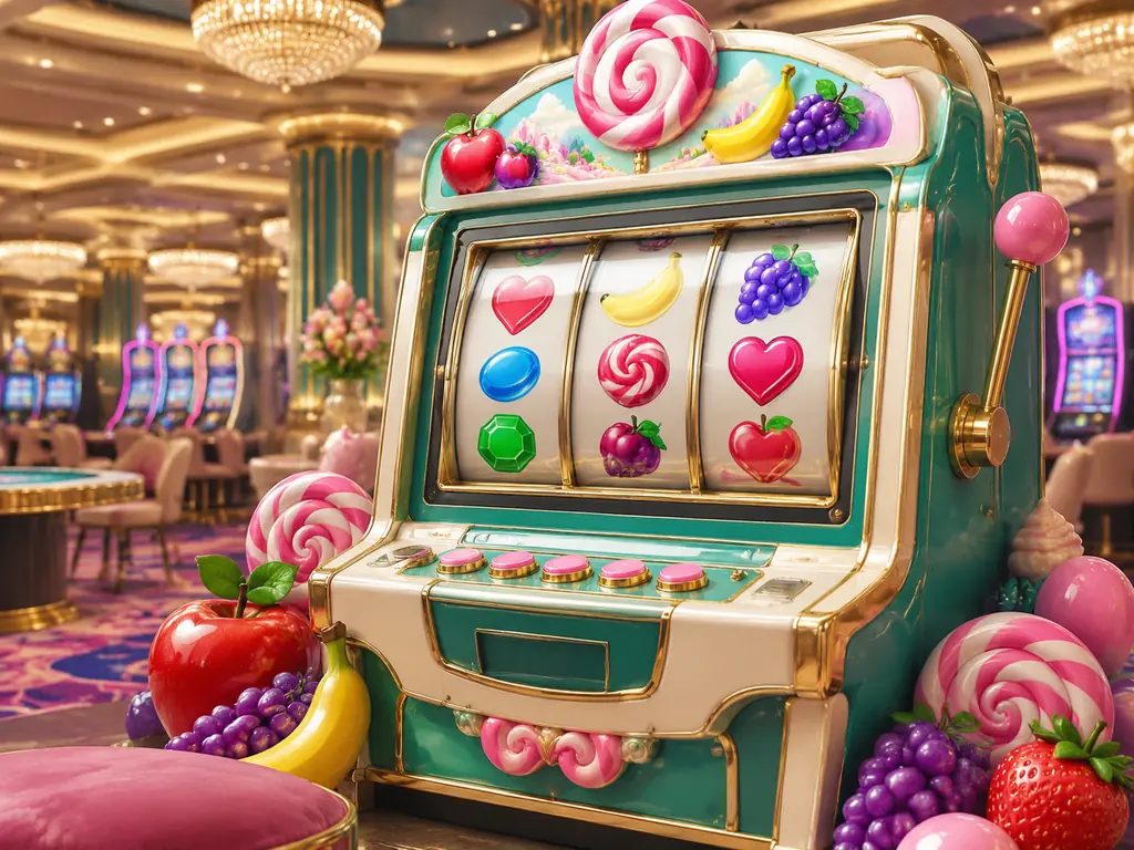 Mesin slot dengan dekorasi permen dan buah di kasino